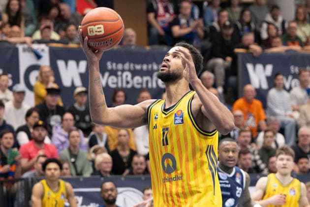EasyCredit Basketball Bundesliga 2025 2026 Syntainics MBC vs Alba Berlin Weissenfels, Germany March 15, 2026 In the picture Norris Agbaoko Berlin Weissenfels Stadthalle Weissenfels Saxony Anhalt Germany