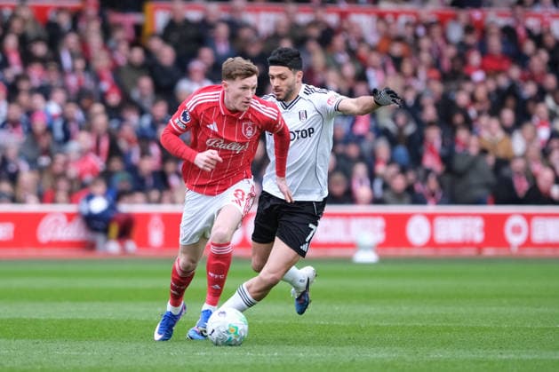 Elliot Anderson of Nottingham Forest and Raul Jimenez of Fulham seen in action during the Premier league football match between Nottingham Forest and Fulham at the City Ground in Nottingham. Copyright: xPaulxBonserx xSportsxPressxPhotox Sportspressphoto_SPR110313