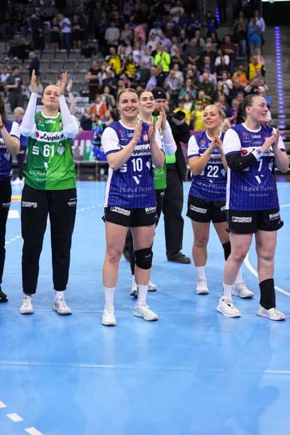 Scene with Diana Dögg Magnusdottir 7 HSG Blomberg Lippe , Maxi Mühlner 10 HSG Blomberg Lippe and Judith Tietjen 22 HSG Blomberg Lippe Haushahn Final4 Match for 3rd place Thüringer HC vs HSG Blomberg Lippe Copyright: xspeedshotx