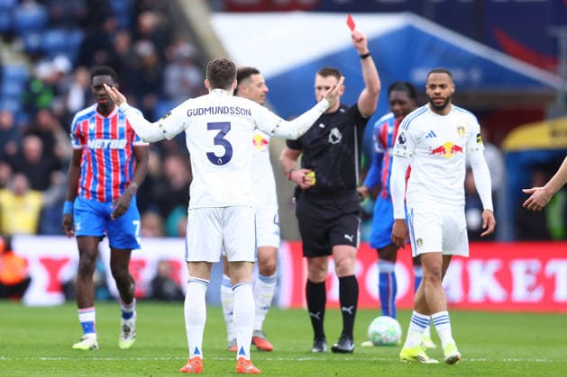 London, England, 15th March 2026. Gabriel Gudmundsson of Leeds United is shown a red card during the Crystal Palace vs Leeds United Premier League match at Selhurst Park, London. Picture credit should read: Paul Terry Sportimage EDITORIAL USE ONLY. No use with unauthorised audio, video, data, fixture lists, club league logos or live services. Online in-match use limited to 120 images, no video emulation. No use in betting, games or single club league player publications. SPI_023_PT_Crystal_Palace_Leeds SPI-4603-0023