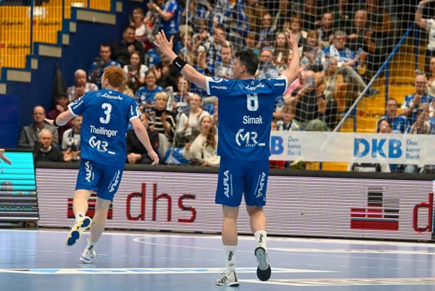 Nicolai Theilinger TBV Lemgo Lippe, 03 and Frederik Simak TBV Lemgo Lippe, 08 cheer TBV Lemgo Lippe vs Frisch Auf Goeppingen, Handball, 1 Bundesliga, 25 Matchday, Season 2025 2026, 15 03 2026, TBV Lemgo Lippe vs Frisch Auf Goeppingen, Handball, 1 Bundesliga, 25 Matchday, Season 2025 2026, 15 03 2026 Lemgo Copyright: xEibner-Pressefoto RobertxGertzenx EP_RGN