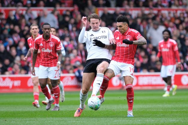 Igor Jesus of Nottingham Forest and Sander Berge of Fulham seen in action during the Premier league football match between Nottingham Forest and Fulham at the City Ground in Nottingham. Copyright: xPaulxBonserx xSportsxPressxPhotox Sportspressphoto_SPR110321