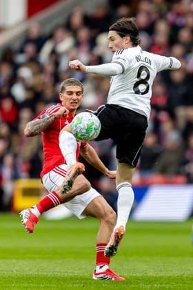 Nottingham Forest v Fulham, Premier League Fulham midfielder Harry Wilson (8) battles for possession with Nottingham Forest midfielder Nicolas Dom?nguez (16) during the Premier League match between Nottingham Forest and Fulham at the City Ground, Nottingham, UK on 15 March 2026. Nottingham City Ground Nottinghamshire UK Editorial use only DataCo restrictions apply See www.football-dataco.com , Copyright: xManjitxNarotrax PSI-23895-0016