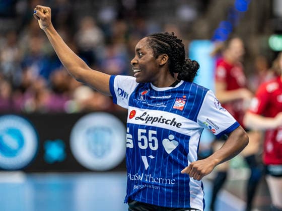 Farelle Njinkeu HSG Blomberg Lippe, 55 clenches his cheering fist, Thueringer HC vs HSG Blomberg Lippe, handball, DHB Pokal Haushahn Final 4, match for third place, 2025 2026 season, 15 03 2026 Thueringer HC vs HSG Blomberg Lippe, handball, DHB Pokal Haushahn Final 4, match for third place, 2025 2026 season, 15 03 2026 Stuttgart Copyright: xMichaelxSchmidt Eibner-Pressefotx EP_MST