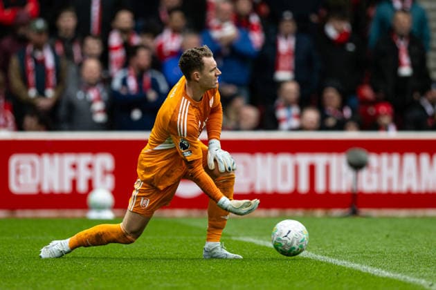 15th March 2026; The City Ground, Nottingham, England; Premier League Football, Nottingham Forest versus Fulham; Bernd Leno of Fulham FC rolls the ball out  GodfreyxPitt Content restricted for UK based newspaper