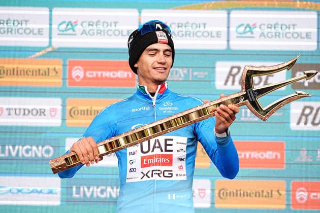 Del Toro Romero Isaac Of Uae Team Emirates Xrg first-place winner with the trophy tridente during the 142-kilometer Stage 7 of the Tirreno-Adriatico cycling race from Civitanova Marche to San Benedetto del Tronto - Italy,- Sunday , March 15, 2026. - cycling .  Copyright: xx