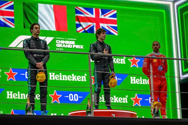 Podium for the Formula 1 Chinese Grand Prix, at the Shanghai International Circuit, March 15, 2026, in China CHN Winner 12 Andrea Kimi Antonelli ITA of the Mercedes AMG PETRONAS Formula One Team GER at the wheel of the Mercedes AMG F1 W17 E Performance Runner up 63 George Russell GBR Mercedes AMG PETRONAS Formula One Team GER Mercedes AMG F1 W17 E Performance Third 44 Lewis Hamilton GBR Scuderia Ferrari HP ITA Ferrari SF 26 Photo by Ian Bundey Eurasia Sport Images Shanghai Shanghai Shanghai International Circuit China Copyright: x x2026xEurasiaxSportxImagesx jp-en-EuSpIm-MPSA_F1_26_CHINA_-768