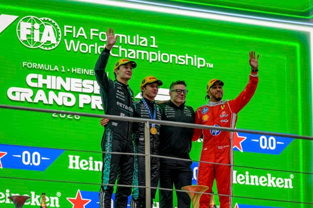 Podium for the Formula 1 Chinese Grand Prix, at the Shanghai International Circuit, March 15, 2026, in China CHN Winner 12 Andrea Kimi Antonelli ITA of the Mercedes AMG PETRONAS Formula One Team GER at the wheel of the Mercedes AMG F1 W17 E Performance Runner up 63 George Russell GBR Mercedes AMG PETRONAS Formula One Team GER Mercedes AMG F1 W17 E Performance Third 44 Lewis Hamilton GBR Scuderia Ferrari HP ITA Ferrari SF 26 Photo by Ian Bundey Eurasia Sport Images Shanghai Shanghai Shanghai International Circuit China Copyright: x x2026xEurasiaxSportxImagesx jp-en-EuSpIm-MPSA_F1_26_CHINA_-776