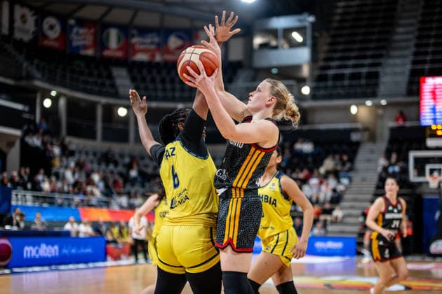 Basketball Villeurbanne 14 03 2026 Wommen™s Basketball World Cup 2026 Qualifying Tournament Colombia COL Germany GER Emma Eichmeyer Germany, No 09 Yuliany Paz Colombia, No 06