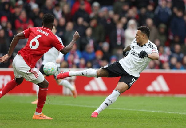 Nottingham, England, 15th March 2026. Rodrigo Muniz of Fulham shoots during the Nottingham Forest vs Fulham Premier League match at the City Ground, Nottingham. Picture credit should read: Gareth Evans Sportimage EDITORIAL USE ONLY. No use with unauthorised audio, video, data, fixture lists, club league logos or live services. Online in-match use limited to 120 images, no video emulation. No use in betting, games or single club league player publications. SPI_023_GE_NFFC_vs_FFC SPI-4604-0023