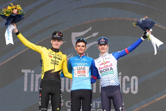 Jorgenson Matteo Of Team Visma Lease A Bike second place, Del Toro Romero Isaac Of Uae Team Emirates Xrgfirst-place winner and Pellizzari Giulio Of Red Bull - Bora - Hansgrohe third place during the during the 142-kilometer Stage 7 of the Tirreno-Adriatico cycling race from Civitanova Marche to San Benedetto del Tronto - Italy,- Sunday , March 15, 2026. - cycling .  Copyright: xMarcoxAlpozzix