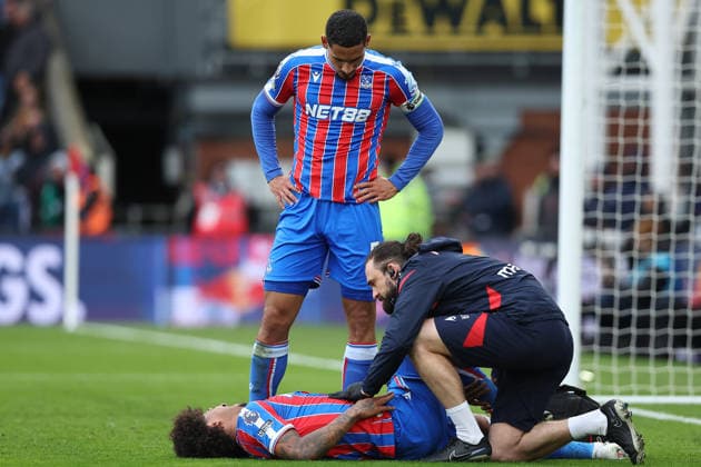 15th March 2026; Selhurst Park, Selhurst, London, England; Premier League Football, Crystal Palace versus Leeds United; Maxence Lacroix of Crystal Palace checks on Chris Richards who requires treatment to the displeasure of Leeds fans  KatiexChan Content restricted for UK based newspaper