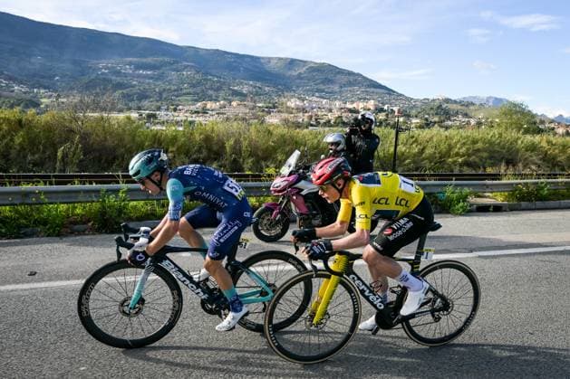 French Lenny Martinez of Bahrain Victorious and Danish Jonas Vingegaard of Team Visma-Lease a Bike pictured in action during the final stage of 84th edition of the Paris-Nice cycling race, a race from Nice to Nice (129,2 km), on Sunday 15 March 2026. DAVIDxPINTENS  x167575373x