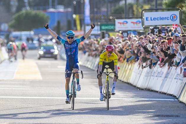 Paris Nice 2026 Stage 8 NICE, FRANCE - MARCH 15 : Martinez Lenny (FRA) of Bahrain Victorius celebrating his victory, Vingegaard Jonas (DEN) of Team Visma Lease a Bike during stage 8 of the 84th edition of Paris - Nice an UCI World Tour 2.UWT cycling road race stage for Men Elite of 145 km with start in Nice and finish in Nice on March 15, 2026 in Nice, France, 15 03 2026 ( Motordriver Guy De Vuyst - Nice France  Copyright: xNicoxVereeckenx