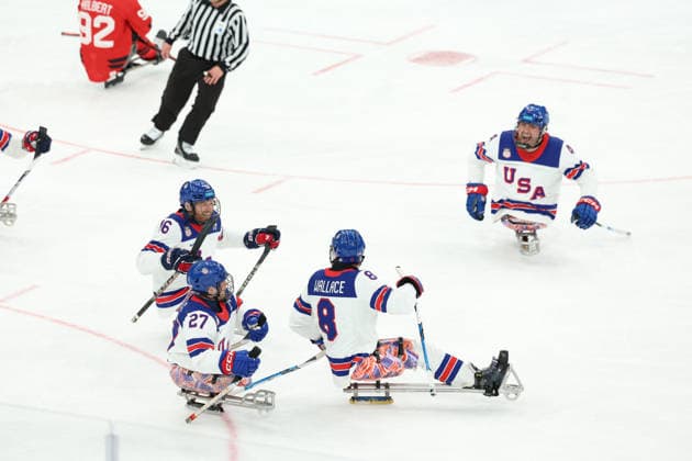 March 15, 2026, Milan, Lombardy, Italy: JACK WALLACE 8 of USA celebrates scoring his side s first goal in the Final game between Team United States (USA) and Team Canada (CAN) at the Milano Cortina 2026 Paralympic Winter games, Winterspiele,Spiele, Summer games Paralympics 2026: Milano Cortina: Para Ice hockey, Eishockey Men s Final: USA : CAN  - ZUMAc179 20260315_zep_c179_006 Copyright: xMickaelxChavetx