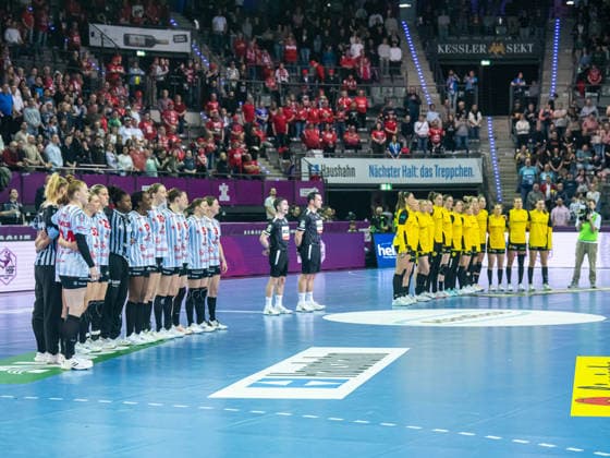 Before the final, the German national anthem was played, HSG Bensheim Auerbach vs Borussia Dortmund, handball, DHB Pokal Haushahn Final 4, final, season 2025 2026, 15 03 2026 HSG Bensheim Auerbach vs Borussia Dortmund, handball, DHB Pokal Haushahn Final 4, final, season 2025 2026, 15 03 2026 Stuttgart Copyright: xMichaelxSchmidt Eibner-Pressefotx EP_MST