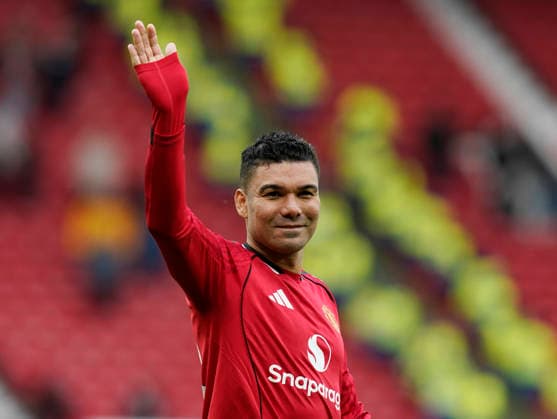 Manchester, England, 15th March 2026. Casemiro of Manchester United, ManU acknowledges the fans during the Manchester United vs Aston Villa Premier League match at Old Trafford, Manchester. Picture credit should read: Andrew Yates Sportimage EDITORIAL USE ONLY. No use with unauthorised audio, video, data, fixture lists, club league logos or live services. Online in-match use limited to 120 images, no video emulation. No use in betting, games or single club league player publications. SPI_085_AY_Man_Utd_Villa SPI-4605-0085