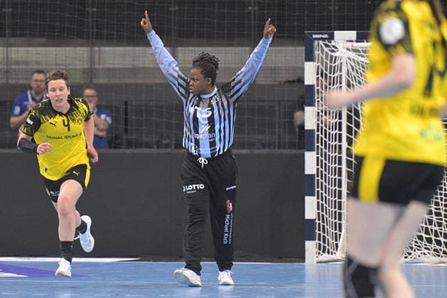 Vanessa Fehr HSG Bensheim Auerbach, 16 in goal Cheering after save goal HSG Bensheim Auerbach vs BVB Borussia Dortmund Handball, Handball, Women, DHB Pokal Haushahn Final 4, Final, Season 2025 2026, 15 03 2026 HSG Bensheim Auerbach vs BVB Borussia Dortmund Handball, Handball, Women, DHB Pokal Haushahn Final 4, Final, Season 2025 2026, 15 03 2026 Stuttgart Copyright: xEibner-Pressefoto TobiasxBaurx EP_TBR