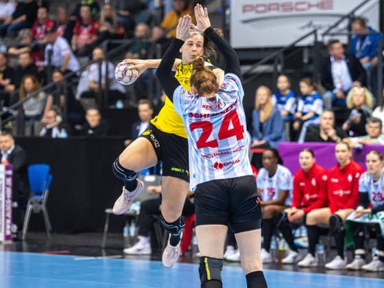 Guro Nestaker Borussia Dortmund, 33 throws from the back, Meike Schmelzer HSG Bensheim Auerbach, 24 tries to block, HSG Bensheim Auerbach vs Borussia Dortmund, Handball, DHB Pokal Haushahn Final 4, Final, Season 2025 2026, 15 03 2026 HSG Bensheim Auerbach vs Borussia Dortmund, Handball, DHB Pokal Haushahn Final 4, Final, Season 2025 2026, 15 03 2026 Stuttgart Copyright: xMichaelxSchmidt Eibner-Pressefotx EP_MST