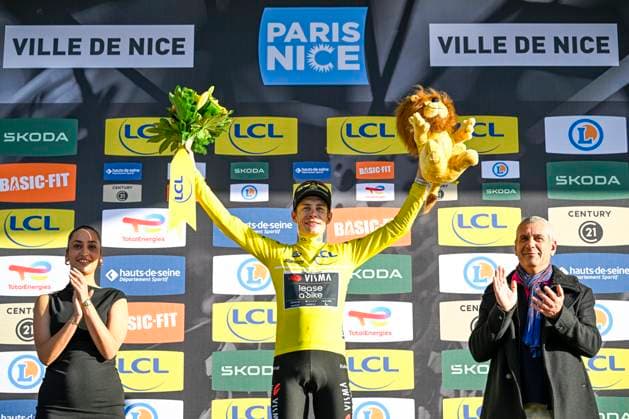 Paris Nice 2026 Stage 8 NICE, FRANCE - MARCH 15 : Vingegaard Jonas (DEN) of Team Visma Lease a Bike on the podium during stage 8 of the 84th edition of Paris - Nice an UCI World Tour 2.UWT cycling road race stage for Men Elite of 145 km with start in Nice and finish in Nice on March 15, 2026 in Nice, France, 15 03 2026 ( Motordriver Guy De Vuyst - Nice France  Copyright: xNicoxVereeckenx