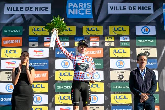 Paris Nice 2026 Stage 8 NICE, FRANCE - MARCH 15 : Vingegaard Jonas (DEN) of Team Visma Lease a Bike on the podium with the polka dot jersey during stage 8 of the 84th edition of Paris - Nice an UCI World Tour 2.UWT cycling road race stage for Men Elite of 145 km with start in Nice and finish in Nice on March 15, 2026 in Nice, France, 15 03 2026 ( Motordriver Guy De Vuyst - Nice France  Copyright: xNicoxVereeckenx
