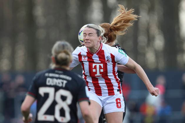 Sandra Maria Jessen 1 FC Köln and Stine Ballisager Pedersen FC Bayern München in a duel during the Woman Bundesliga match between 1 FC Köln and Bayern München, Franz Kremer Stadion on March 15 in Cologne, Germany Photo by Oliver Kaelke DeFodi Images Sandra Maria Jessen 1 FC Köln and Stine Ballisager Pedersen FC Bayern München battle for the ball during the Woman Bundesliga match between 1 FC Köln and Bayern München at Franz Kremer Stadion on March 15, 2026 in Cologne, Germany Photo by Oliver Kaelke DeFodi Images DFL regulations prohibit any use of photographs as image sequences and or quasi video Photo by Oliver Kaelke DeFodi Images