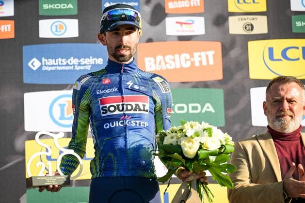 French Valentin Paret Peintre of Soudal Quick-Step celebrates on the podium after winning the final stage of 84th edition of the Paris-Nice cycling race, a race from Nice to Nice (129,2 km), on Sunday 15 March 2026. DAVIDxPINTENS  x167580118x