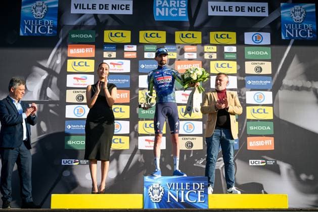 French Valentin Paret Peintre of Soudal Quick-Step celebrates on the podium after winning the final stage of 84th edition of the Paris-Nice cycling race, a race from Nice to Nice (129,2 km), on Sunday 15 March 2026. DAVIDxPINTENS  x167580155x