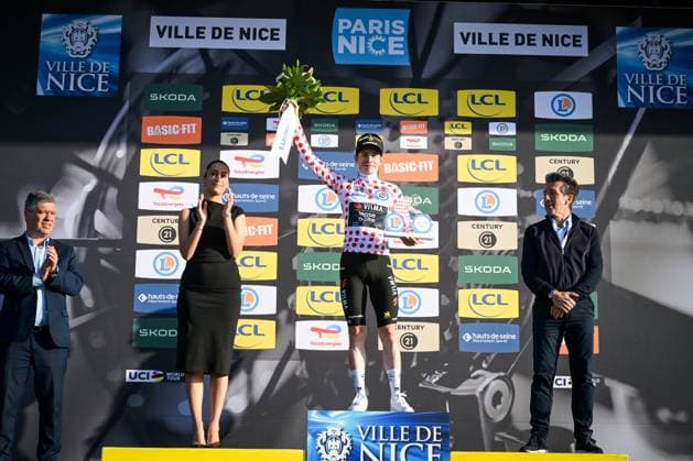 Danish Jonas Vingegaard of Team Visma-Lease a Bike celebrates in the red polka-dot jersey for best climber after the final stage of 84th edition of the Paris-Nice cycling race, a race from Nice to Nice (129,2 km), on Sunday 15 March 2026. DAVIDxPINTENS  x167580170x