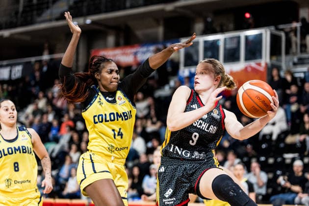 LYON-VILLEURBANNE, FRANCE - MARCH 15: Emma Eichmeyer (Germany, 9) controls the ball against Marlyn Vente (Colombia, 14) during the FIBA Women™s World Cup Qualifying Tournament match between Colombia (COL) vs. Germany (GER) at Astroballe on matchday 4 of the FIBA Women™s World Cup Qualifying Tournament on March 15, 2026 in Lyon-Villeurbanne, France. France Copyright: xSteffiexWunderlx