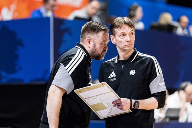 LYON-VILLEURBANNE, FRANCE - MARCH 15: Olaf Lange (Head Coach Germany) with Stefan Moeller (Möller, Moller Assistant Coach Germany) during the FIBA Women™s World Cup Qualifying Tournament match between Colombia (COL) vs. Germany (GER) at Astroballe on matchday 4 of the FIBA Women™s World Cup Qualifying Tournament on March 15, 2026 in Lyon-Villeurbanne, France. France Copyright: xSteffiexWunderlx