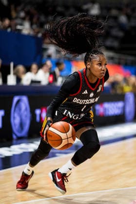 LYON-VILLEURBANNE, FRANCE - MARCH 15: Alexis Peterson (Germany, 1) controls the ball during the FIBA Women™s World Cup Qualifying Tournament match between Colombia (COL) vs. Germany (GER) at Astroballe on matchday 4 of the FIBA Women™s World Cup Qualifying Tournament on March 15, 2026 in Lyon-Villeurbanne, France. France Copyright: xSteffiexWunderlx