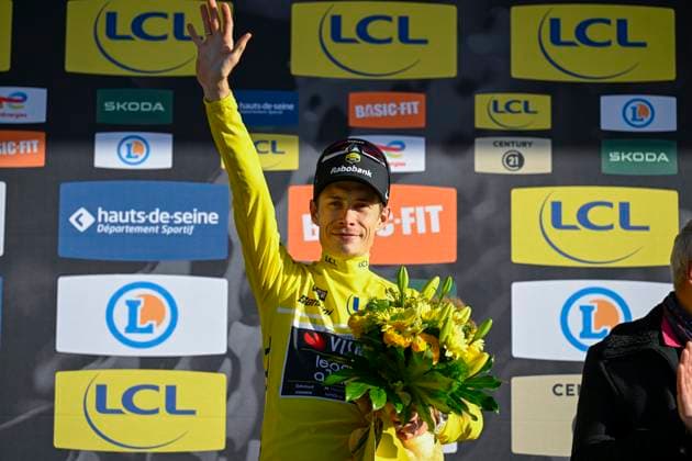 Paris Nice 2026 Stage 8 NICE, FRANCE - MARCH 15 : Vingegaard Jonas (DEN) of Team Visma Lease a Bike celebrating his victory on the podium during stage 8 of the 84th edition of Paris - Nice an UCI World Tour 2.UWT cycling road race stage for Men Elite of 145 km with start in Nice and finish in Nice on March 15, 2026 in Nice, France, 15 03 2026 ( Motordriver Guy De Vuyst - Nice France  Copyright: xNicoxVereeckenx