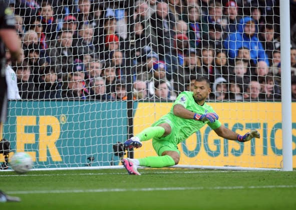 Football - 2025 2026 Premier League - Crystal Palace vs. Leeds United - Selhurst Park - Sunday 15th March 2026 Goalkeeper, Walter Benitez of Crystal Palace watches Dominic Calvert Lewin miss his penalty kick 