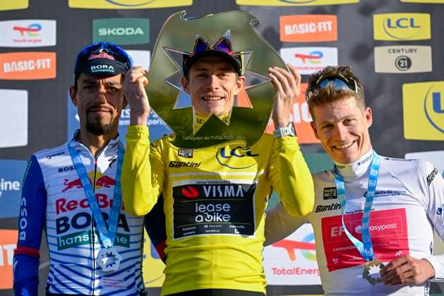 Paris Nice 2026 Stage 8 NICE, FRANCE - MARCH 15 : Martinez Daniel Felipe (COL) of Red Bull BORA Hansgrohe, Steinhauser Georg (GER) of EF Education EasyPost, Vingegaard Jonas (DEN) of Team Visma Lease a Bike on the podium during stage 8 of the 84th edition of Paris - Nice an UCI World Tour 2.UWT cycling road race stage for Men Elite of 145 km with start in Nice and finish in Nice on March 15, 2026 in Nice, France, 15 03 2026 ( Motordriver Guy De Vuyst - Nice France  Copyright: xNicoxVereeckenx