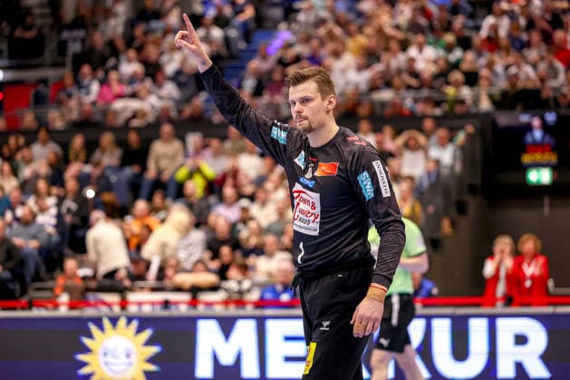15 03 2026, Handball, HBL, Bergischer HC SC Magdeburg, Mitsubishi Electric HALLE Düsseldorf Sergey Hernandez SC Magdeburg 01 cheering North Rhine-Westphalia Germany