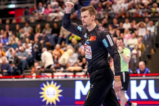 15 03 2026, Handball, HBL, Bergischer HC SC Magdeburg, Mitsubishi Electric HALLE Düsseldorf Sergey Hernandez SC Magdeburg 01 cheering North Rhine-Westphalia Germany