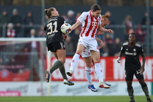 Georgia Stanway FC Bayern Munich , Sara AgreÅ¾ 1 FC Köln and Laura Vogt 1 FC Köln battle for the ball during the Woman Bundesliga match between 1 FC Köln and Bayern Munich, Franz Kremer Stadion on March 15 in Cologne, Germany Photo by Oliver Kaelke DeFodi Images Georgia Stanway FC Bayern Munich , Sara AgreÅ¾ 1 FC Köln and Laura Vogt 1 FC Köln battle for the ball during the Woman Bundesliga match between 1 FC Köln and Bayern München at Franz Kremer Stadion on March 15, 2026 in Cologne, Germany Photo by Oliver Kaelke DeFodi Images DFL regulations prohibit any use of photographs as image sequences and or quasi video Photo by Oliver Kaelke DeFodi Images