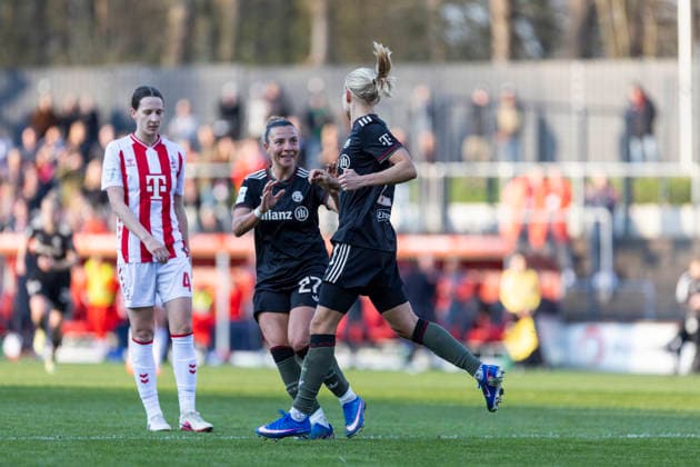 Google Pixel Women Bundesliga 1 FC Köln FC Bayern München 15 03 2026 Pernille Harder FC Bayern München, 21 celebrates after her goal with Arianna Caruso FC Bayern München, 27 on matchday 20 of the Google Pixel Women Bundesliga in the match between 1 FC Köln and FC Bayern München on 15 03 2026 at Franz Kremer Stadion in Cologne, Germany Copyright: xBEAUTIFULxSPORTS Meuselx