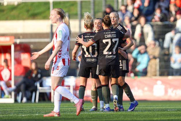 Pernille Harder FC Bayern Munich celebrates after scoring her team s second goal with teammates during the Woman Bundesliga match between 1 FC Köln and Bayern Munich, Franz Kremer Stadion on March 15 in Cologne, Germany, Germany Photo by Oliver Kaelke DeFodi Images Pernille Harder FC Bayern München celebrates after scoring her team s second goal with teammates during the Woman Bundesliga match between 1 FC Köln and Bayern München at Franz Kremer Stadion on March 15, 2026 in Cologne, Germany Photo by Oliver Kaelke DeFodi Images DFL regulations prohibit any use of photographs as image sequences and or quasi video Photo by Oliver Kaelke DeFodi Images