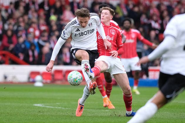 Elliot Anderson of Nottingham Forest and Sander Berge of Fulham seen in action during the Premier league football match between Nottingham Forest and Fulham at the City Ground in Nottingham. Copyright: xPaulxBonserx xSportsxPressxPhotox Sportspressphoto_SPR110459