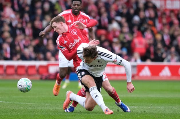 Sander Berge of Fulham and Elliot Anderson of Nottingham Forest seen in action during the Premier league football match between Nottingham Forest and Fulham at the City Ground in Nottingham. Copyright: xPaulxBonserx xSportsxPressxPhotox Sportspressphoto_SPR110462