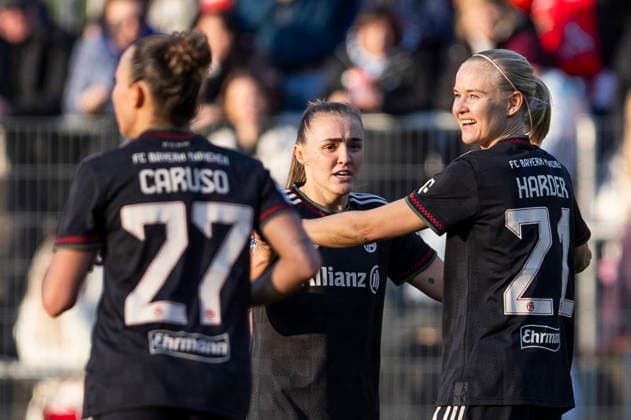 Google Pixel Womens Bundesliga 1 FC Köln FC Bayern München 15 03 2026 Cheers for Georgia Stanway FC Bayern München, 31 and Pernille Harder FC Bayern München, 21 after scoring the second goal on matchday 20 of the Google Pixel Womens Bundesliga in the match between 1 FC Köln and FC Bayern München on 15 03 2026 at Franz Kremer Stadium in Cologne, Germany Copyright: xBEAUTIFULxSPORTS Meuselx