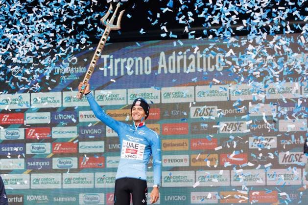 CICLISMO - Tirreno Adriatico - Stage 7 - Civitanova Marche - San Benedetto del Tronto Isaac Del Toro of Mexico and UAE Team Emirates - XRG celebrates at podium as Blue Leader Jersey winner with the Trident Race Trophy during the 61st Tirreno-Adriatico 2026, Stage 7 a 142km stage from Civitanova Marche to San Benedetto del Tronto UCIWT on March 15, 2026 in San Benedetto del Tronto, Italy. Photo: Cinzia Camela. San Benedetto del Tronto Italy  Copyright: xIPAxSport ABACAx