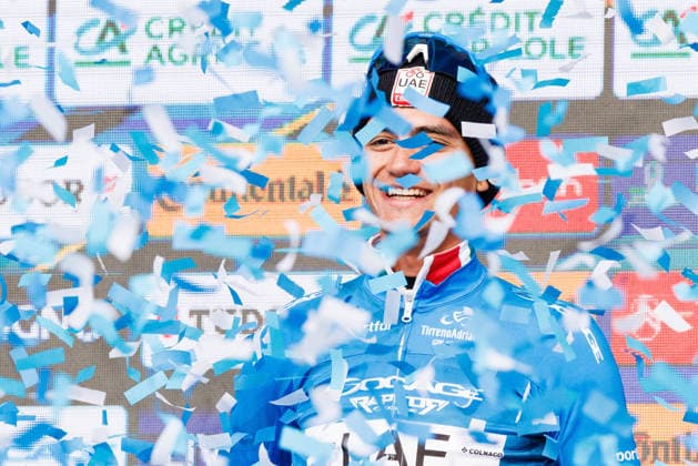 CICLISMO - Tirreno Adriatico - Stage 7 - Civitanova Marche - San Benedetto del Tronto Isaac Del Toro of Mexico and UAE Team Emirates - XRG celebrates at podium as Blue Leader Jersey winner with the Trident Race Trophy during the 61st Tirreno-Adriatico 2026, Stage 7 a 142km stage from Civitanova Marche to San Benedetto del Tronto UCIWT on March 15, 2026 in San Benedetto del Tronto, Italy. Photo: Cinzia Camela. San Benedetto del Tronto Italy  Copyright: xIPAxSport ABACAx