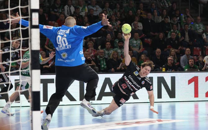 Goalkeeper Dejan Milosavljev makes a save against Florian Scheerer duel Game scene Action Sport Handball HBL Bundesliga Men 25 Matchday Season 2025 2026 15 03 2026 Füchse Berlin vs HC Erlangen HCE