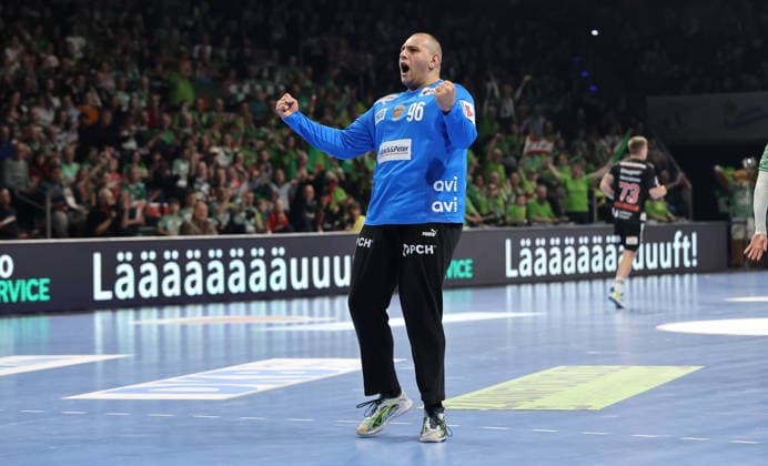 Goalkeeper Dejan Milosavljev celebrates after a save Joy Emotion Cheers Sport Handball HBL Bundesliga Men 25 Matchday Season 2025 2026 15 03 2026 Füchse Berlin vs HC Erlangen HCE