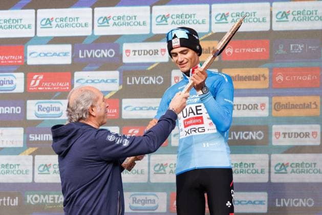 CICLISMO - Tirreno Adriatico - Stage 7 - Civitanova Marche - San Benedetto del Tronto Isaac Del Toro of Mexico and UAE Team Emirates - XRG celebrates at podium as Blue Leader Jersey winner with the Trident Race Trophy during the 61st Tirreno-Adriatico 2026, Stage 7 a 142km stage from Civitanova Marche to San Benedetto del Tronto UCIWT on March 15, 2026 in San Benedetto del Tronto, Italy. Photo: Cinzia Camela. San Benedetto del Tronto Italy  Copyright: xIPAxSport ABACAx