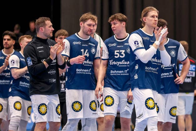 15 03 2026, Handball, HBL, Bergischer HC SC Magdeburg, Mitsubishi Electric HALLE Düsseldorf Disappointed faces at the BHC defeat against Magdeburg Gerdas Babarskas BHC 14 Soeren Steinhaus BHC 53 Kim Voss Fels BHC 21 disappointed Disappointment North Rhine-Westphalia Germany