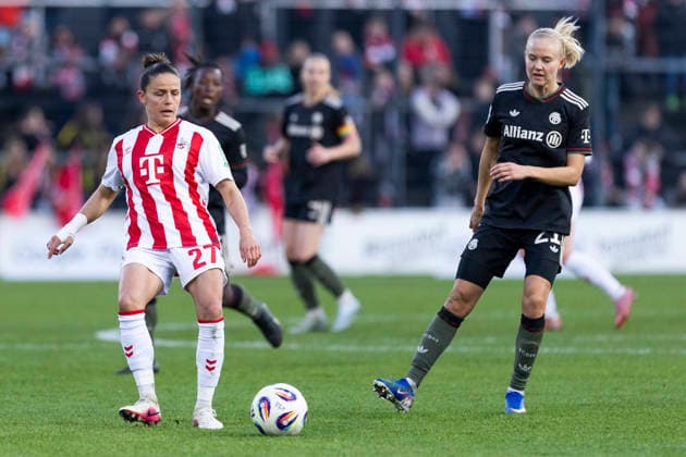 Google Pixel Women Bundesliga 1 FC Köln FC Bayern München 15 03 2026 Laura Feiersinger 1 FC Köln, 27 , Pernille Harder FC Bayern München, 21 on matchday 20 of the Google Pixel Women Bundesliga in the match between 1 FC Köln and FC Bayern München on 15 03 2026 at Franz Kremer Stadion in Cologne, Germany Copyright: xBEAUTIFULxSPORTS Meuselx